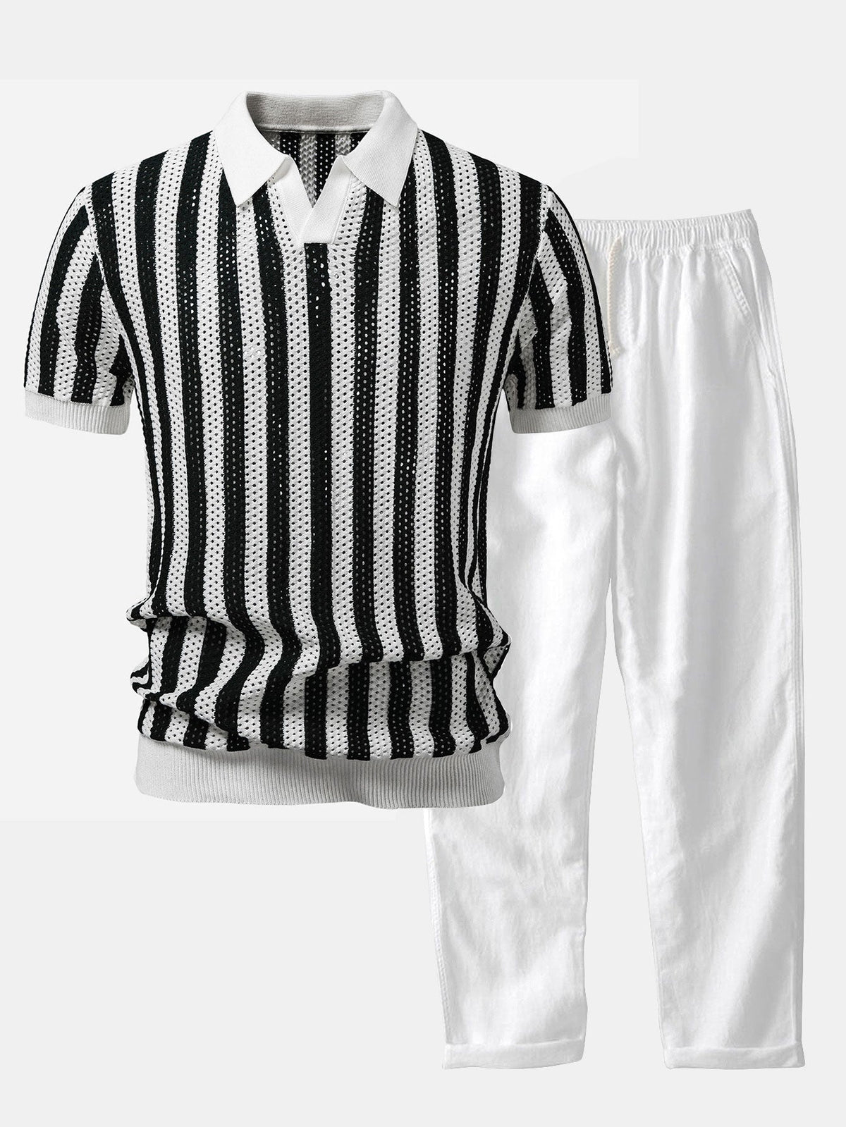 Polo de Punto a Rayas con Cuello Johnny & Pantalón de Lino de Corte Recto
