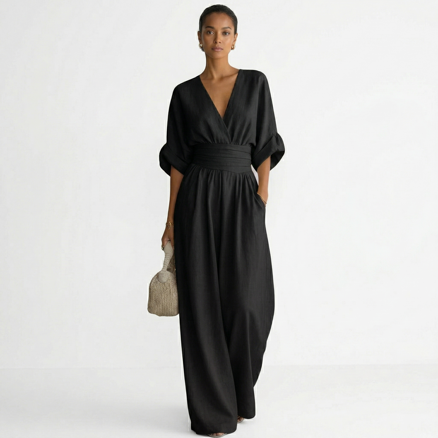 Esperanza | Mono Largo de Lino para Mujer con Escote en V y Cinturón, Corte Elegante
