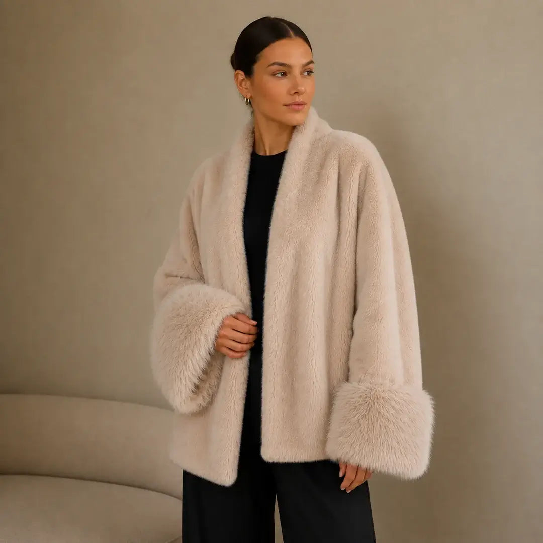 Abrigo elegante de mujer de piel sintética – abrigo casual beige con cuello de pelo