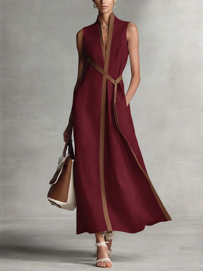 Vestido midi de mujer sin mangas, borde en contraste, cuello en V y cinturón