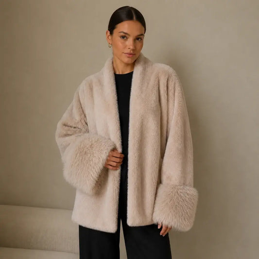 Abrigo elegante de mujer de piel sintética – abrigo casual beige con cuello de pelo