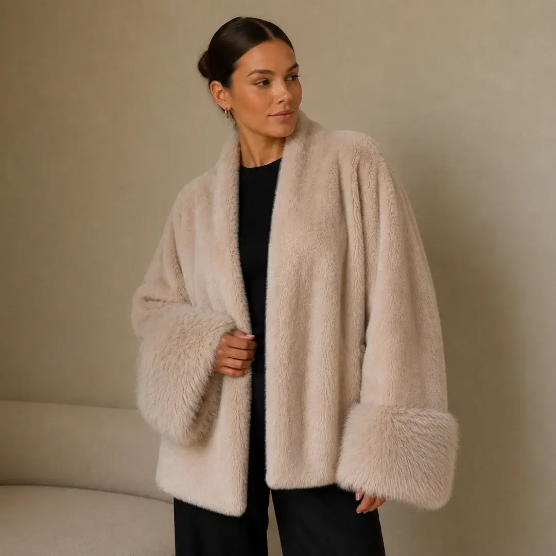 Abrigo elegante de mujer de piel sintética – abrigo casual beige con cuello de pelo