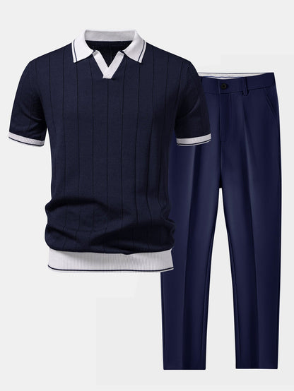 Conjunto para hombre de polo de punto y pantalones entallados | Coordinado casual elegante | Ribete en contraste