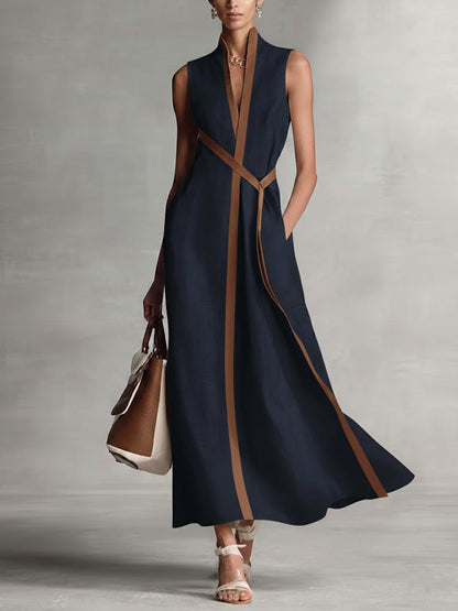 Vestido midi de mujer sin mangas, borde en contraste, cuello en V y cinturón