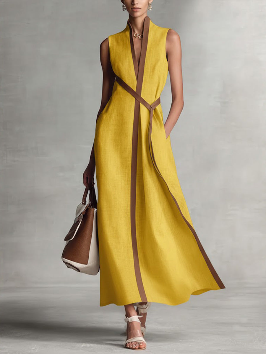Vestido midi de mujer sin mangas, borde en contraste, cuello en V y cinturón