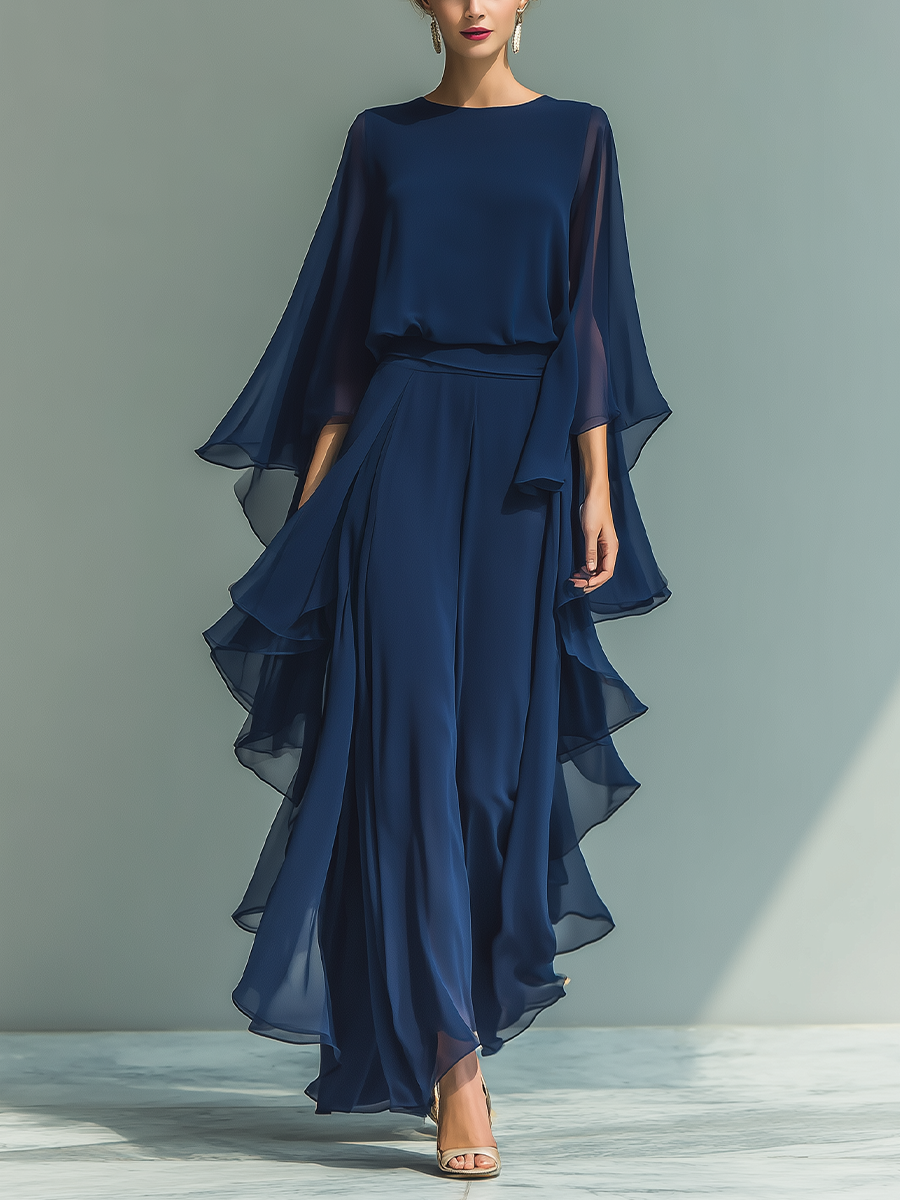 Marina | Conjunto Elegante de Gasa Azul Marino con Volantes