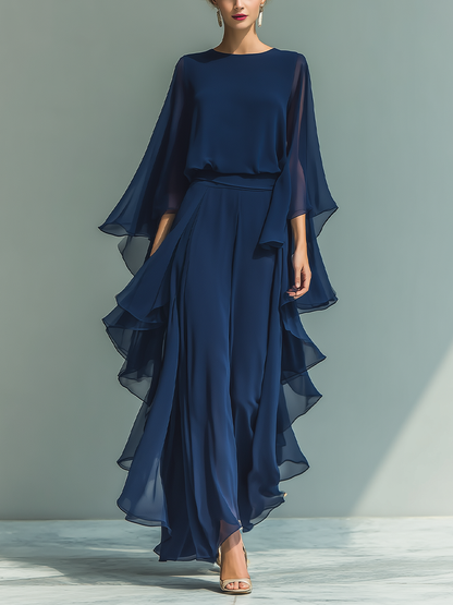 Marina | Conjunto Elegante de Gasa Azul Marino con Volantes
