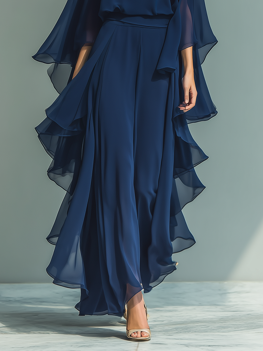 Marina | Conjunto Elegante de Gasa Azul Marino con Volantes