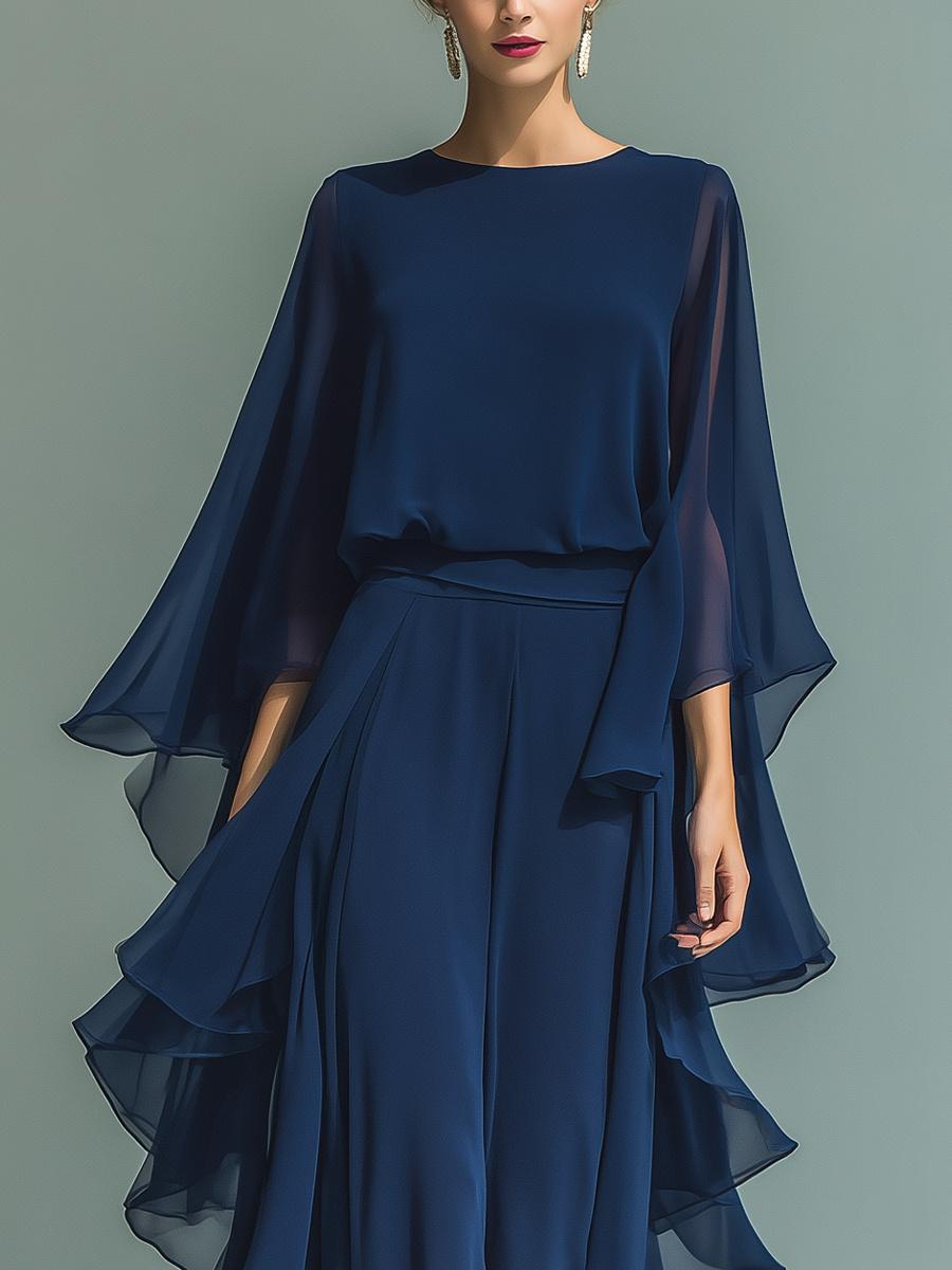 Marina | Conjunto Elegante de Gasa Azul Marino con Volantes