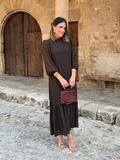 ANDREA | Vestido de gasa liso en marrón