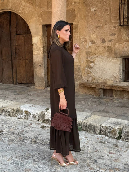 ANDREA | Vestido de gasa liso en marrón