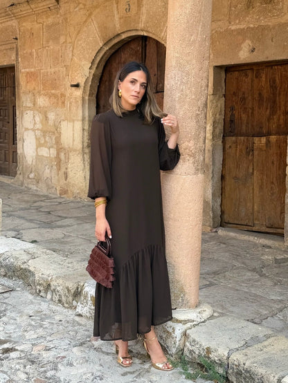 ANDREA | Vestido de gasa liso en marrón