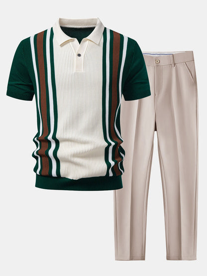 Polo de punto acanalado a rayas y pantalón ajustado de corte cónico.