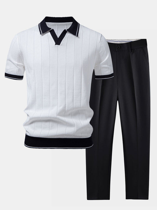 Conjunto para hombre de polo de punto y pantalones entallados | Coordinado casual elegante | Ribete en contraste