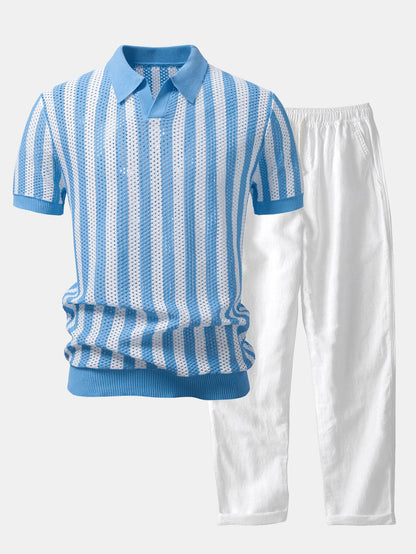 Polo de Punto a Rayas con Cuello Johnny & Pantalón de Lino de Corte Recto