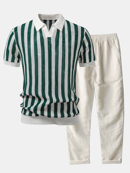 Polo de Punto a Rayas con Cuello Johnny & Pantalón de Lino de Corte Recto