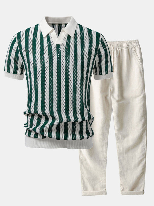 Polo de Punto a Rayas con Cuello Johnny & Pantalón de Lino de Corte Recto