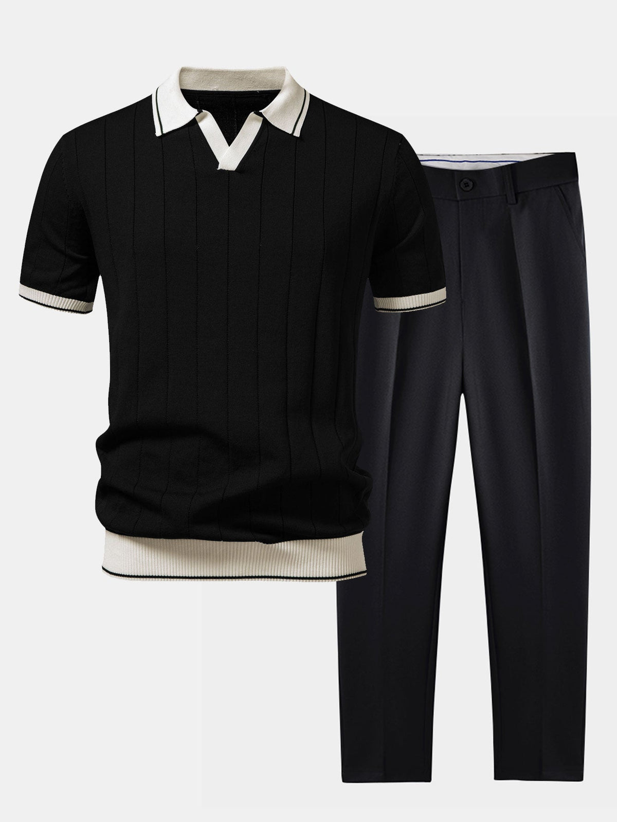 Conjunto para hombre de polo de punto y pantalones entallados | Coordinado casual elegante | Ribete en contraste
