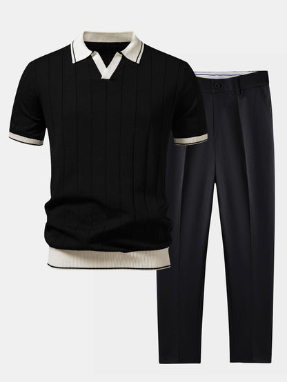 Conjunto para hombre de polo de punto y pantalones entallados | Coordinado casual elegante | Ribete en contraste