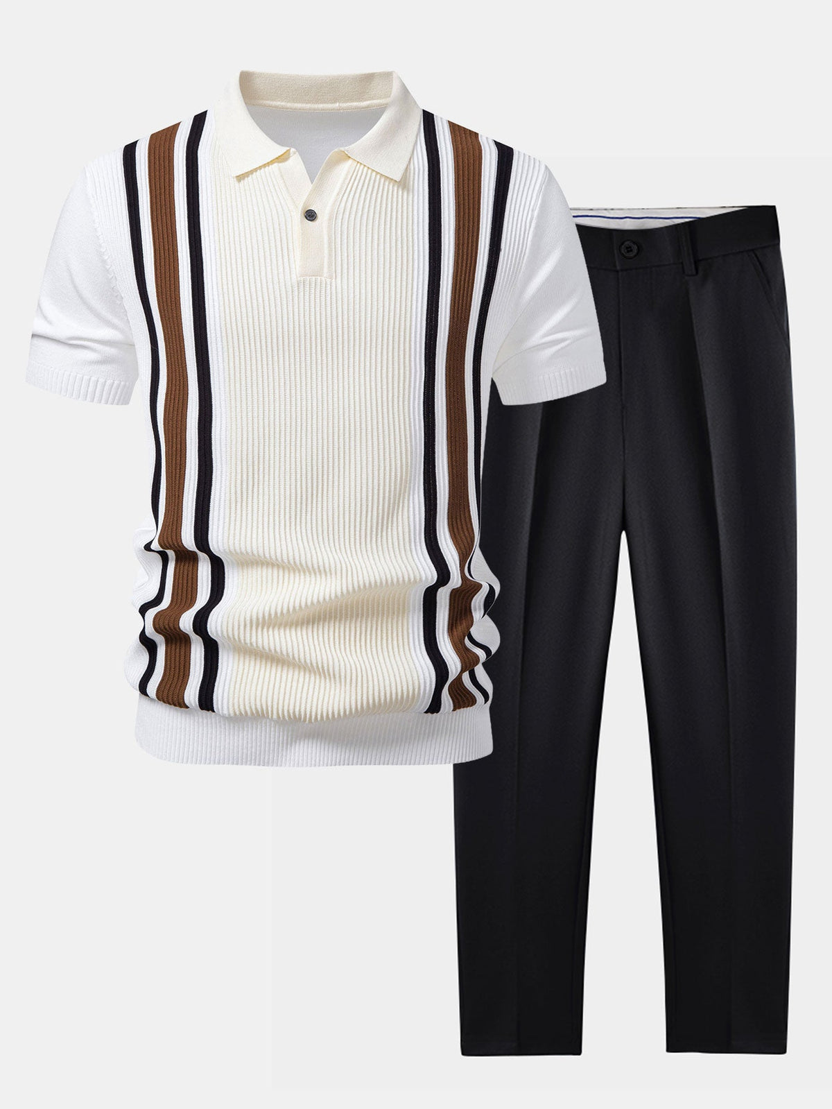 Polo de punto acanalado a rayas y pantalón ajustado de corte cónico.