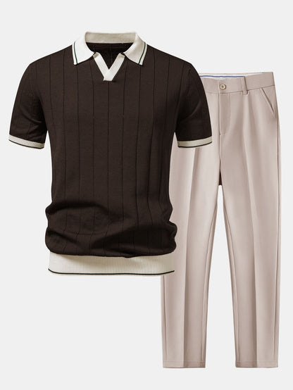 Conjunto para hombre de polo de punto y pantalones entallados | Coordinado casual elegante | Ribete en contraste