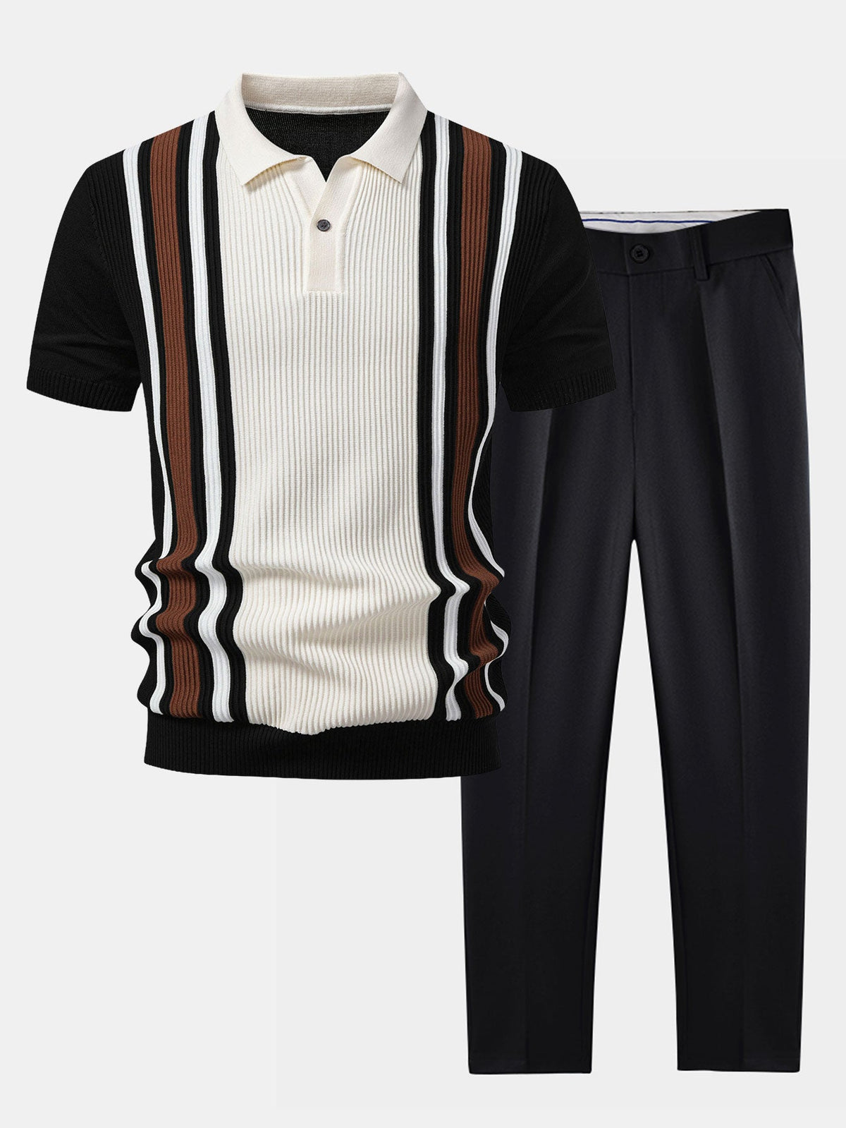 Polo de punto acanalado a rayas y pantalón ajustado de corte cónico.
