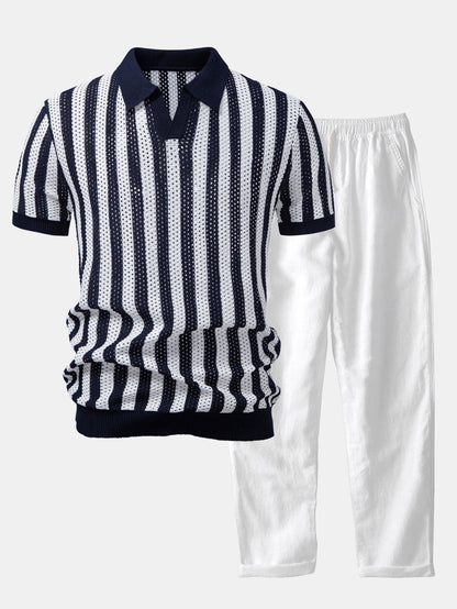 Polo de Punto a Rayas con Cuello Johnny & Pantalón de Lino de Corte Recto