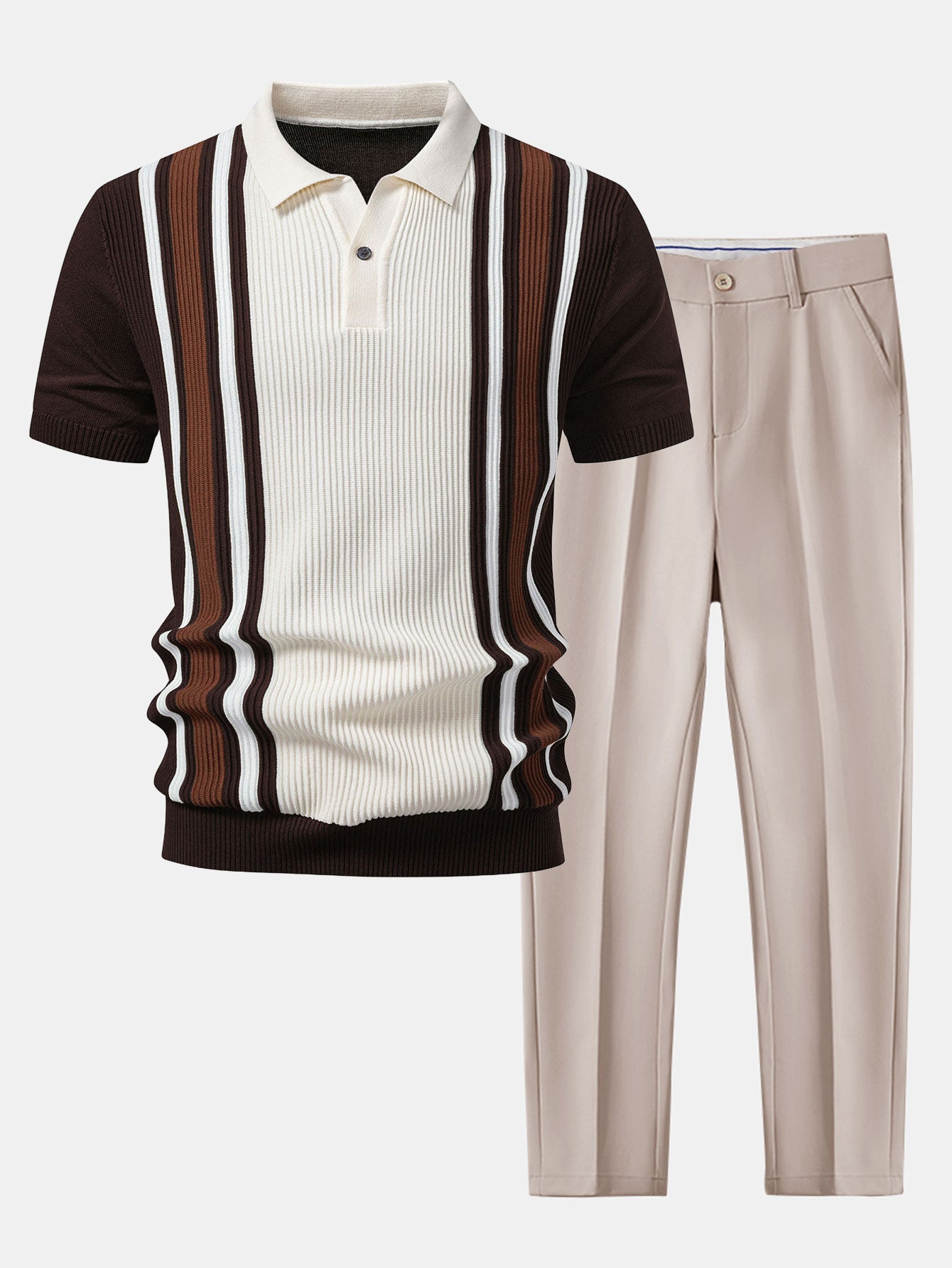 Polo de punto acanalado a rayas y pantalón ajustado de corte cónico.