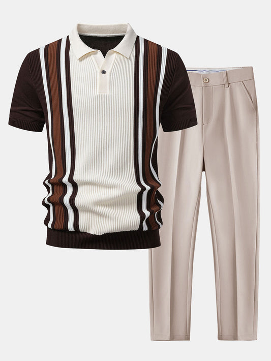 Polo de punto acanalado a rayas y pantalón ajustado de corte cónico.