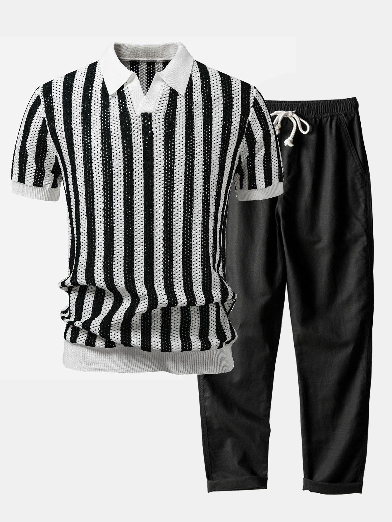 Polo de Punto a Rayas con Cuello Johnny & Pantalón de Lino de Corte Recto
