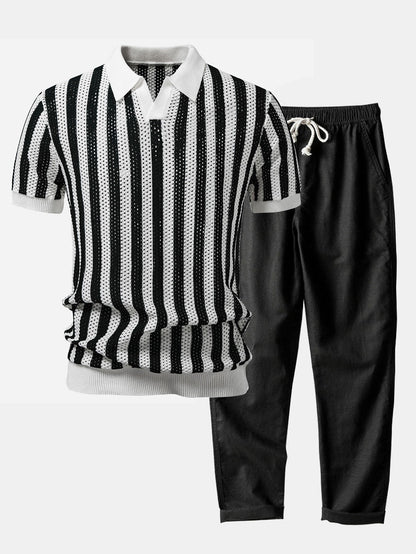 Polo de Punto a Rayas con Cuello Johnny & Pantalón de Lino de Corte Recto