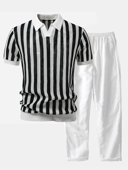 Polo de Punto a Rayas con Cuello Johnny & Pantalón de Lino de Corte Recto