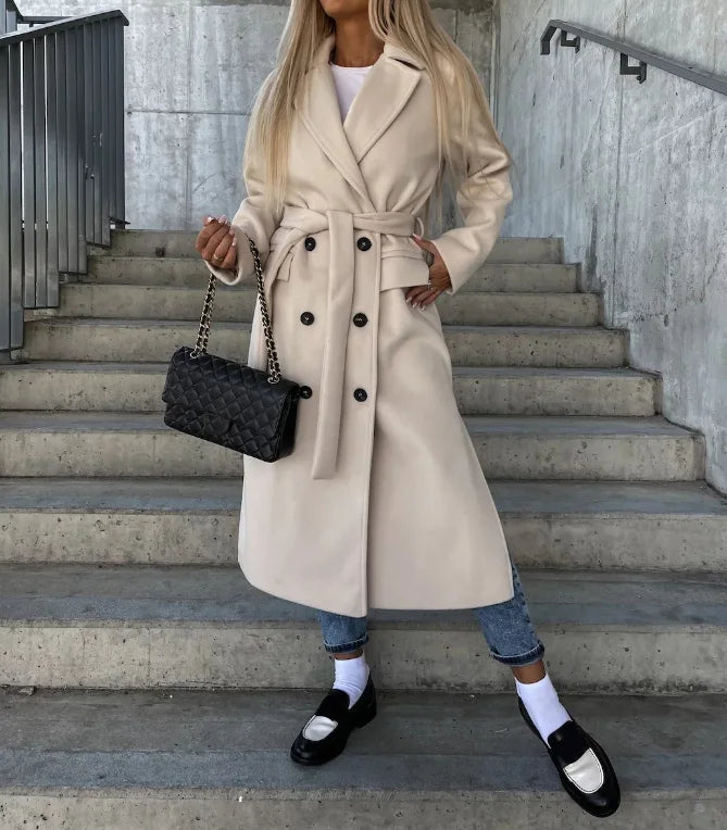 Elegante abrigo de invierno para mujer, largo, de doble faz, con cinturón - perfecto para otoño/invierno