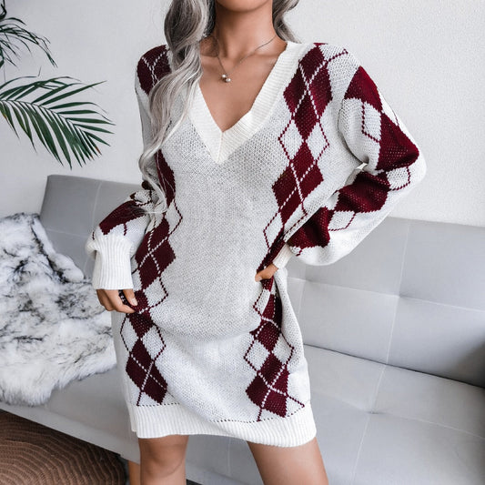 Vestido Jersey Estampado Mujer | Cuello en V y Manga Larga para Otoño e Invierno