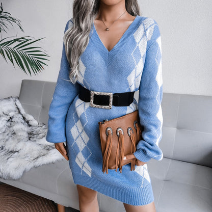 Vestido Jersey Estampado Mujer | Cuello en V y Manga Larga para Otoño e Invierno