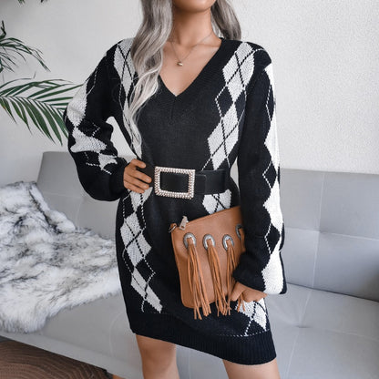 Vestido Jersey Estampado Mujer | Cuello en V y Manga Larga para Otoño e Invierno