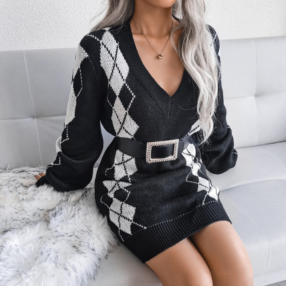 Vestido Jersey Estampado Mujer | Cuello en V y Manga Larga para Otoño e Invierno