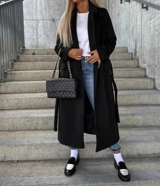 Elegante abrigo de invierno para mujer, largo, de doble faz, con cinturón - perfecto para otoño/invierno
