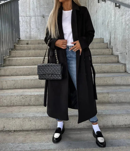 Elegante abrigo de invierno para mujer, largo, de doble faz, con cinturón - perfecto para otoño/invierno
