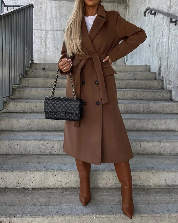 Elegante abrigo de invierno para mujer, largo, de doble faz, con cinturón - perfecto para otoño/invierno