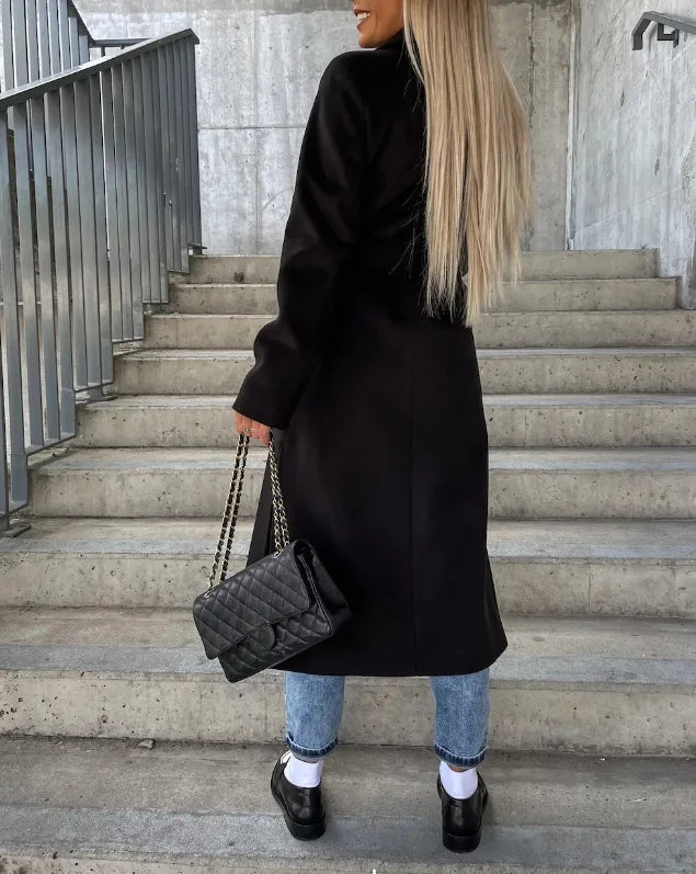 Elegante abrigo de invierno para mujer, largo, de doble faz, con cinturón - perfecto para otoño/invierno
