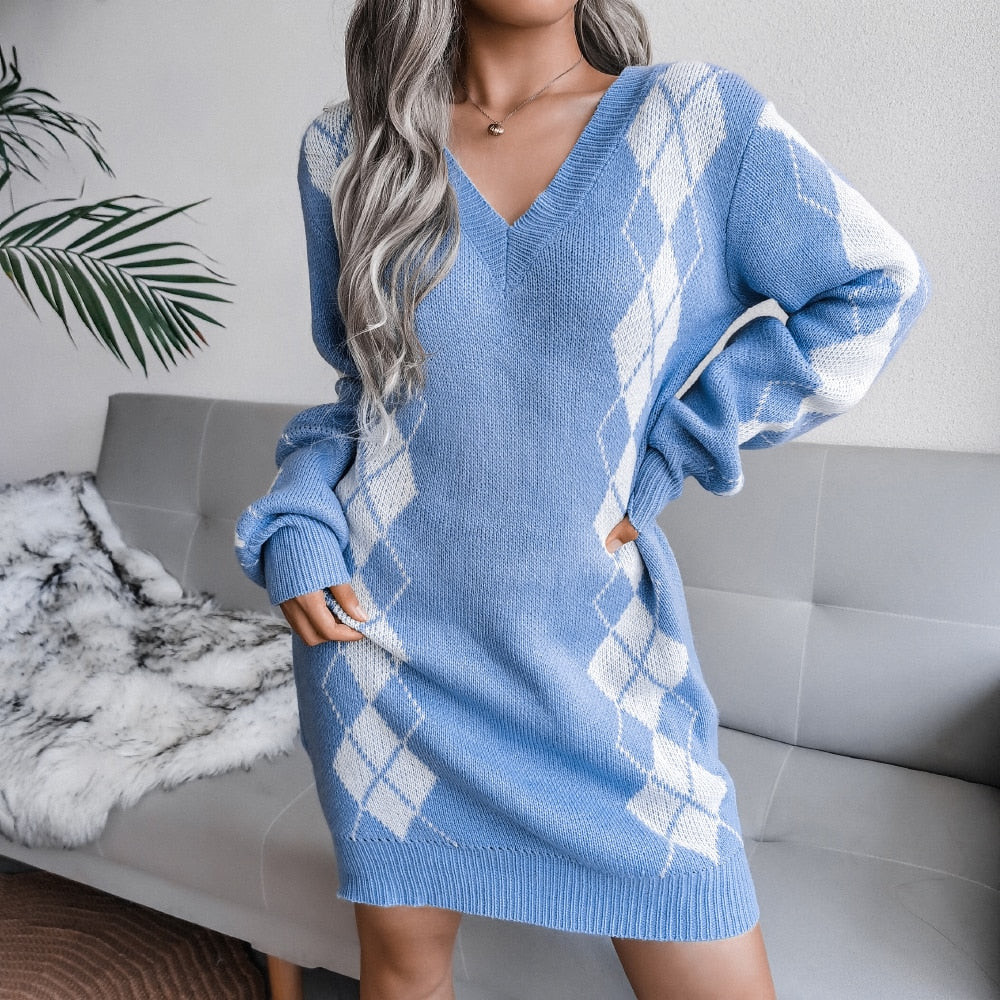 Vestido Jersey Estampado Mujer | Cuello en V y Manga Larga para Otoño e Invierno