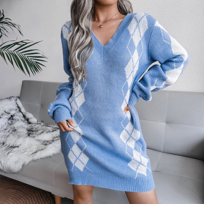 Vestido Jersey Estampado Mujer | Cuello en V y Manga Larga para Otoño e Invierno