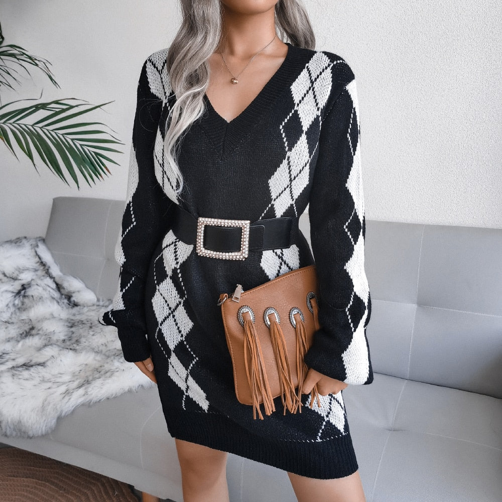 Vestido Jersey Estampado Mujer | Cuello en V y Manga Larga para Otoño e Invierno