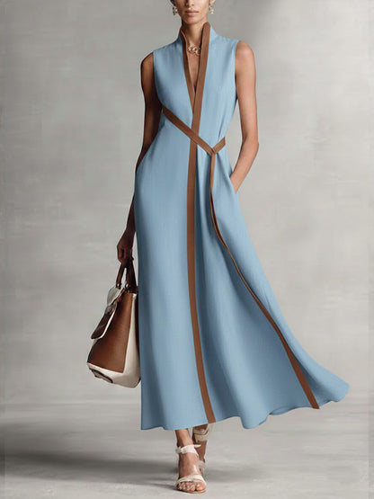 Vestido midi de mujer sin mangas, borde en contraste, cuello en V y cinturón