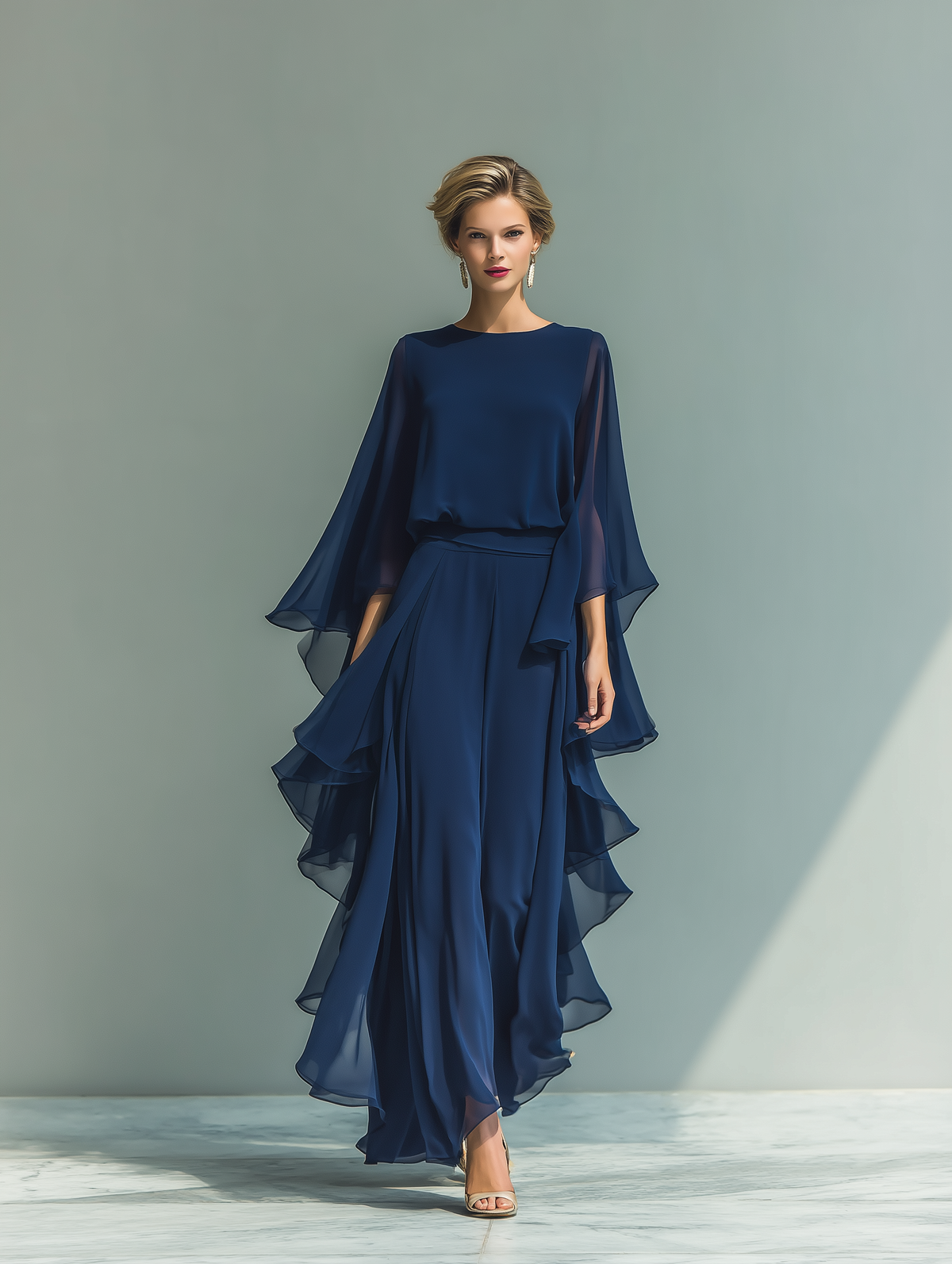 Marina | Conjunto Elegante de Gasa Azul Marino con Volantes