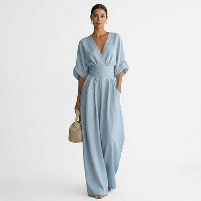 Esperanza | Mono Largo de Lino para Mujer con Escote en V y Cinturón, Corte Elegante