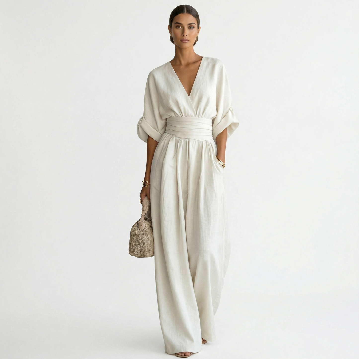 Esperanza | Mono Largo de Lino para Mujer con Escote en V y Cinturón, Corte Elegante