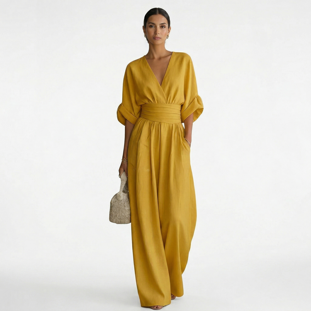 Esperanza | Mono Largo de Lino para Mujer con Escote en V y Cinturón, Corte Elegante