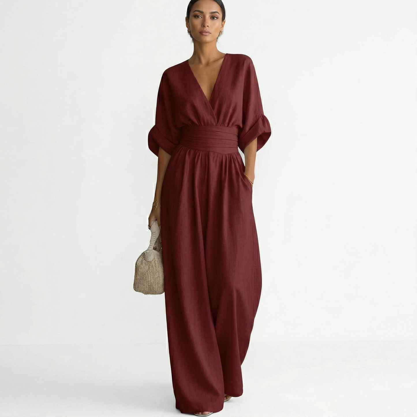 Esperanza | Mono Largo de Lino para Mujer con Escote en V y Cinturón, Corte Elegante
